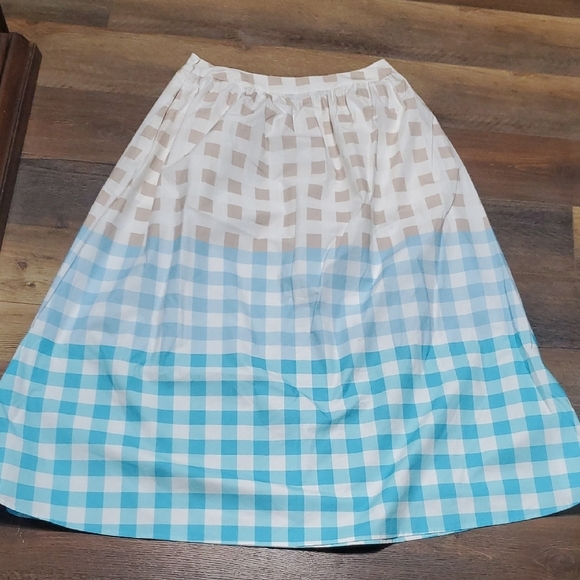 Ming Wang Tan Blue and White Checkered A-Line Pockets Midi Skirt - Picture 9 of 10